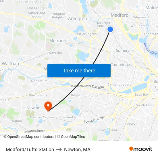 Medford/Tufts Station to Newton, MA map