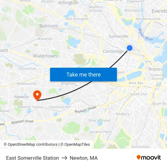 East Somerville Station to Newton, MA map