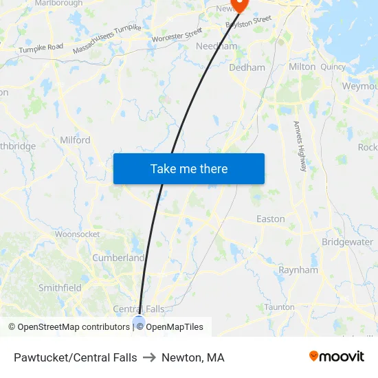 Pawtucket/Central Falls to Newton, MA map