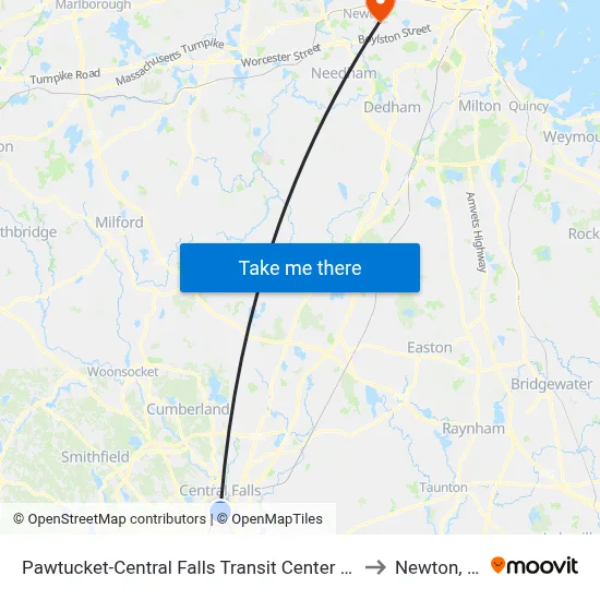 Pawtucket-Central Falls Transit Center (Stop B) to Newton, MA map