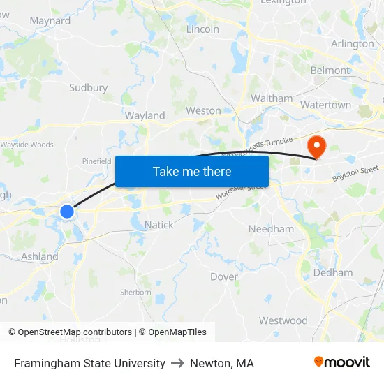 Framingham State University to Newton, MA map