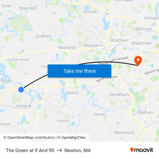 The Green at 9 And 90 to Newton, MA map
