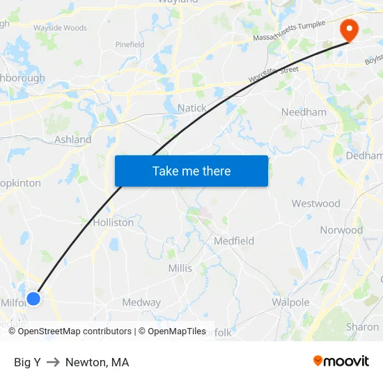 Big Y to Newton, MA map