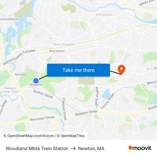 Woodland Mbta Train Station to Newton, MA map