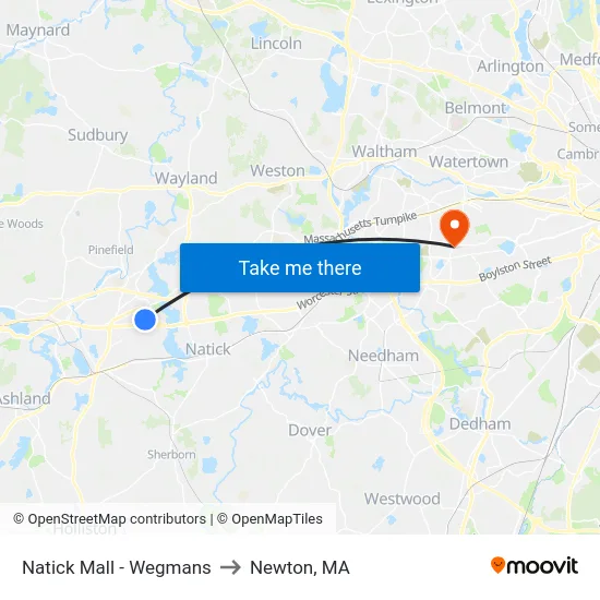 Natick Mall - Wegmans to Newton, MA map