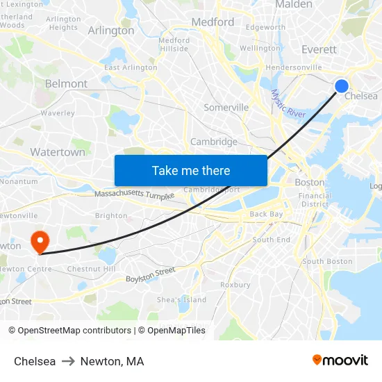 Chelsea to Newton, MA map