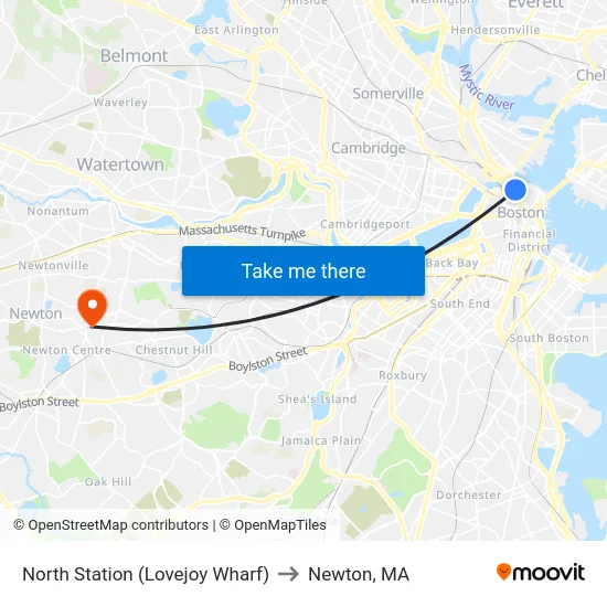 North Station (Lovejoy Wharf) to Newton, MA map