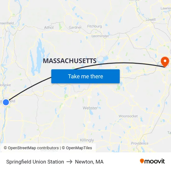 Springfield Union Station to Newton, MA map