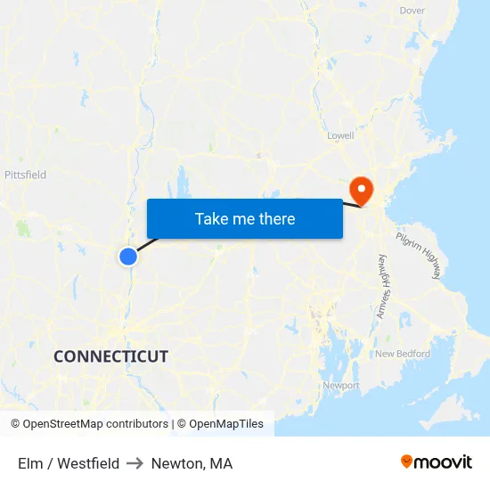 Elm / Westfield to Newton, MA map
