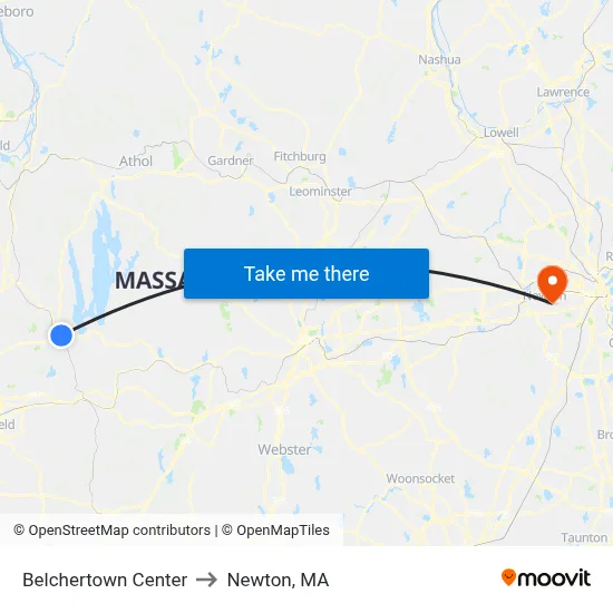 Belchertown Center to Newton, MA map