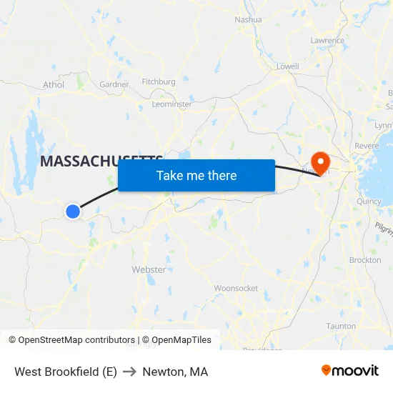 West Brookfield (E) to Newton, MA map