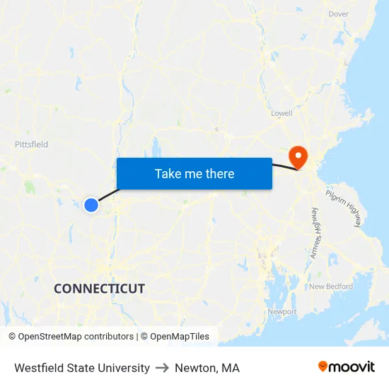 Westfield State University to Newton, MA map