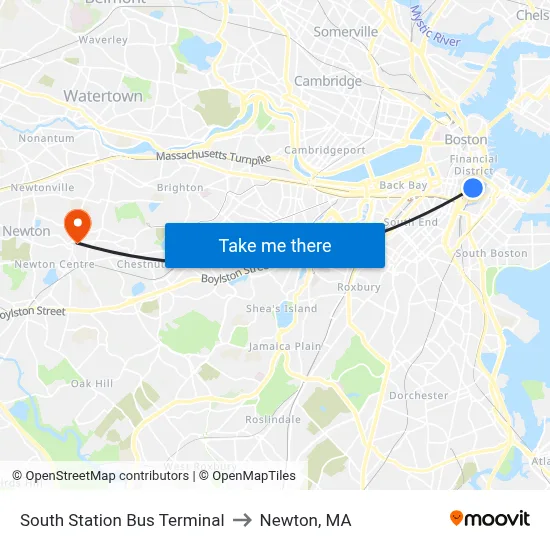 South Station Bus Terminal to Newton, MA map