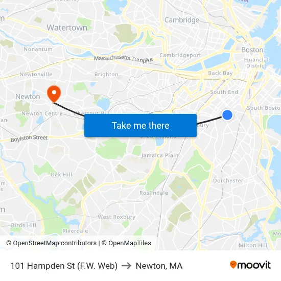 101 Hampden St (F.W. Web) to Newton, MA map
