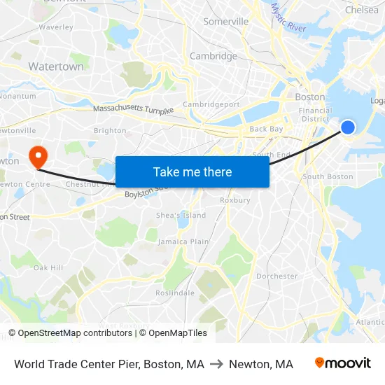World Trade Center Pier, Boston, MA to Newton, MA map