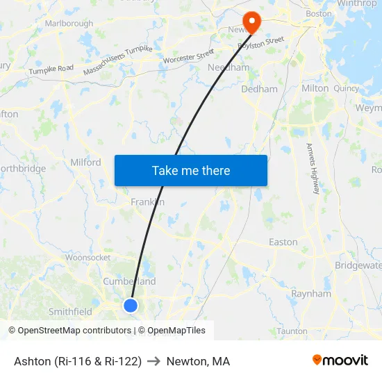 Ashton (Ri-116 & Ri-122) to Newton, MA map