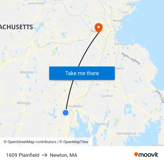 1609 Plainfield to Newton, MA map