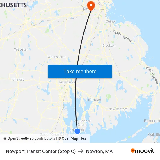 Newport Transit Center (Stop C) to Newton, MA map