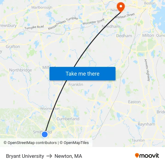 Bryant University to Newton, MA map