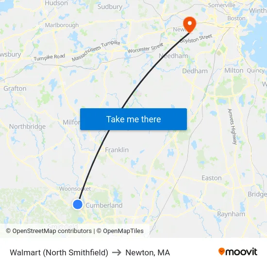 Walmart (North Smithfield) to Newton, MA map
