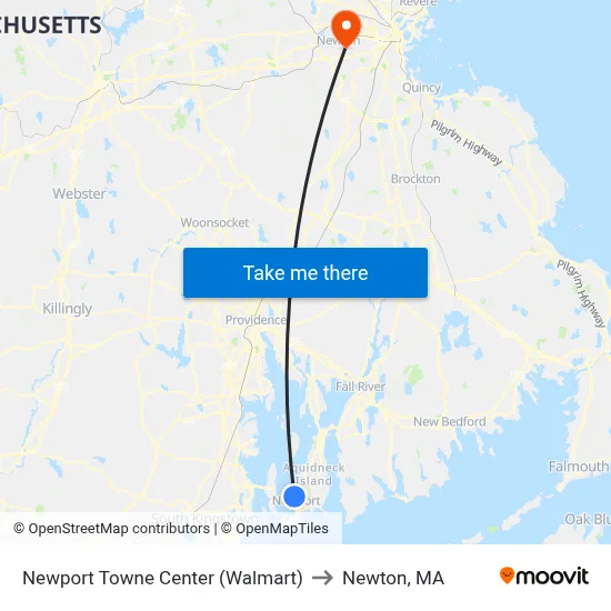 Newport Towne Center (Walmart) to Newton, MA map