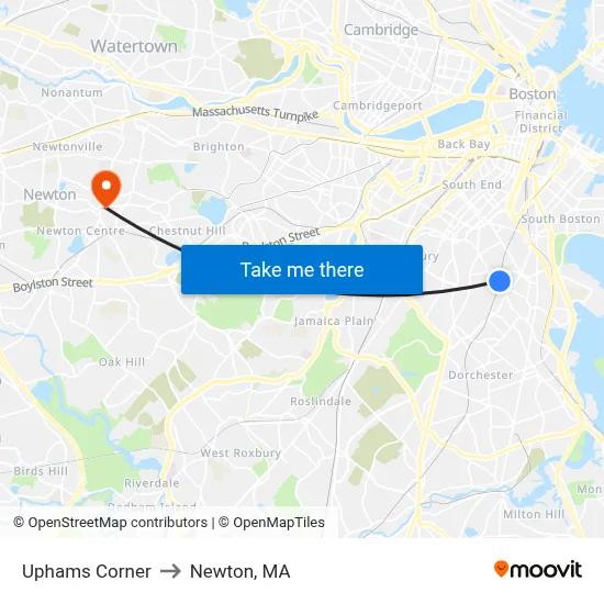Uphams Corner to Newton, MA map
