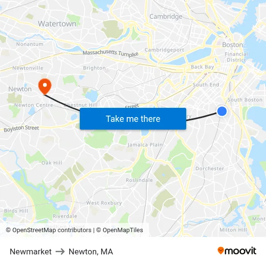 Newmarket to Newton, MA map