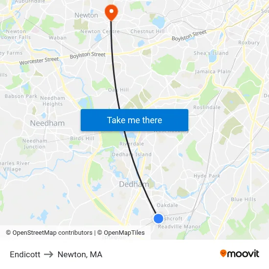 Endicott to Newton, MA map
