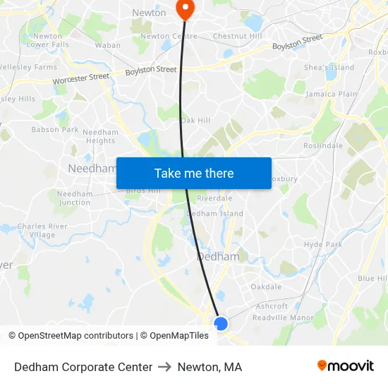 Dedham Corporate Center to Newton, MA map