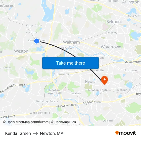 Kendal Green to Newton, MA map