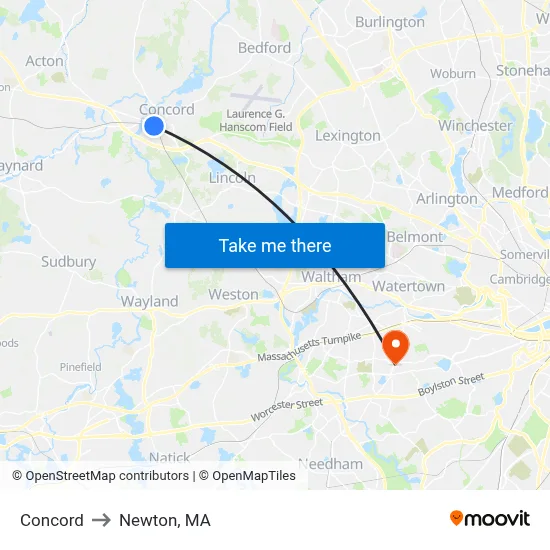 Concord to Newton, MA map