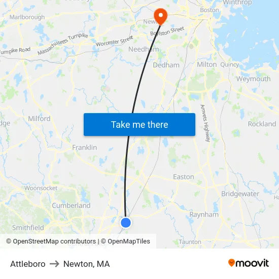 Attleboro to Newton, MA map