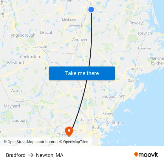 Bradford to Newton, MA map