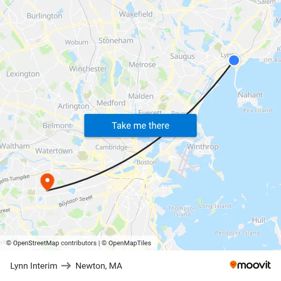 Lynn Interim to Newton, MA map