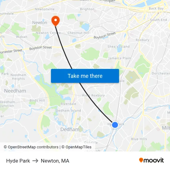 Hyde Park to Newton, MA map