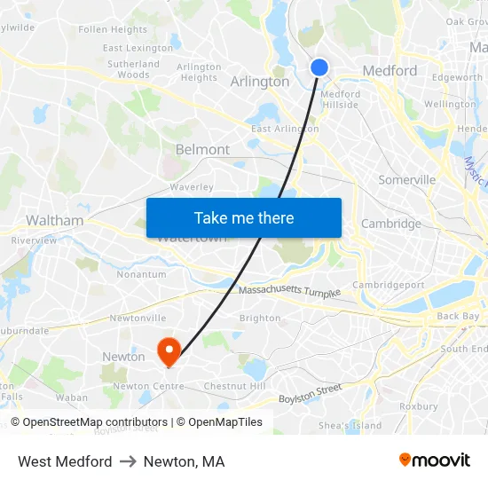 West Medford to Newton, MA map