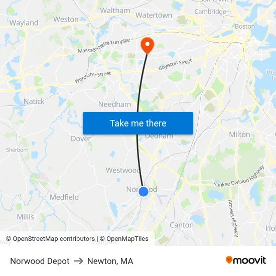Norwood Depot to Newton, MA map