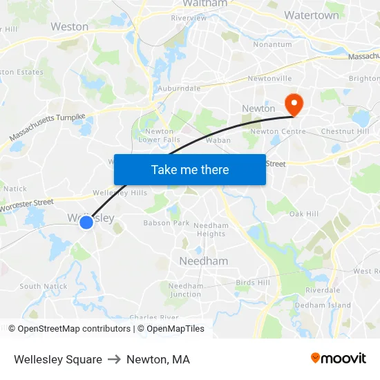 Wellesley Square to Newton, MA map