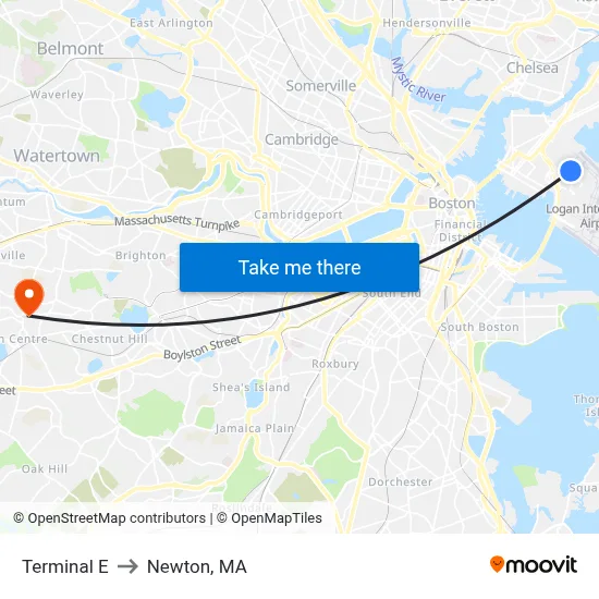 Terminal E to Newton, MA map