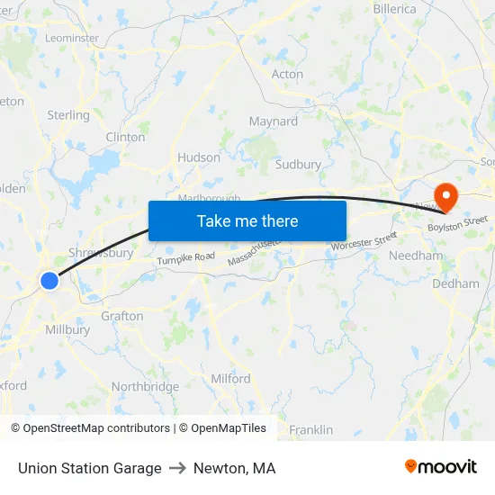 Union Station Garage to Newton, MA map