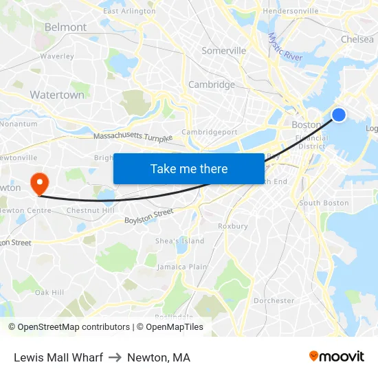 Lewis Mall Wharf to Newton, MA map