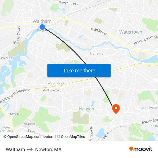Waltham to Newton, MA map