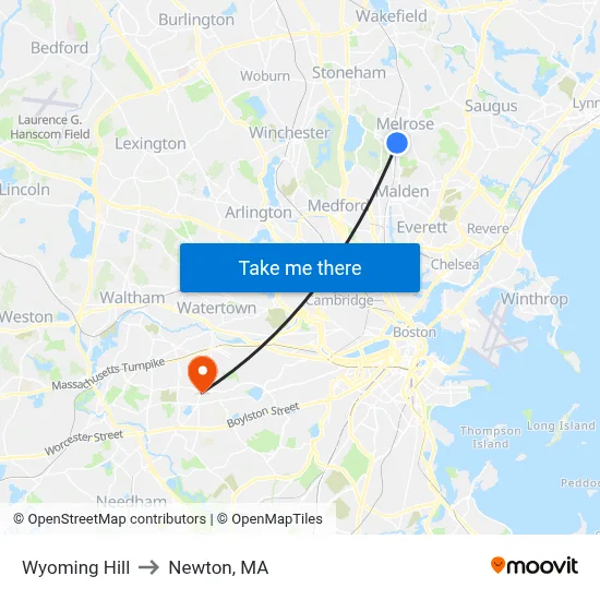 Wyoming Hill to Newton, MA map