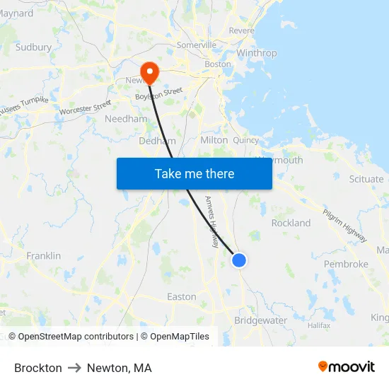 Brockton to Newton, MA map