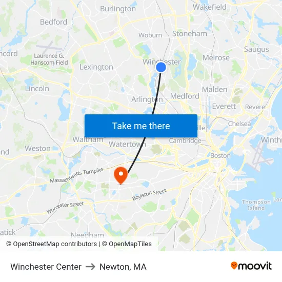 Winchester Center to Newton, MA map