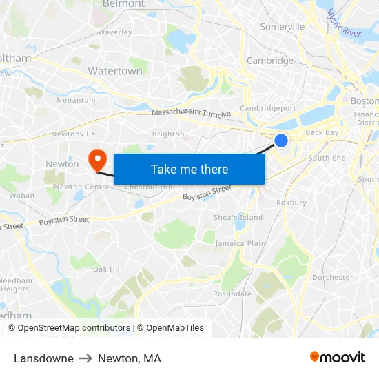 Lansdowne to Newton, MA map