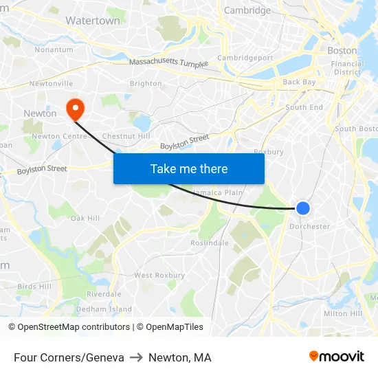 Four Corners/Geneva to Newton, MA map