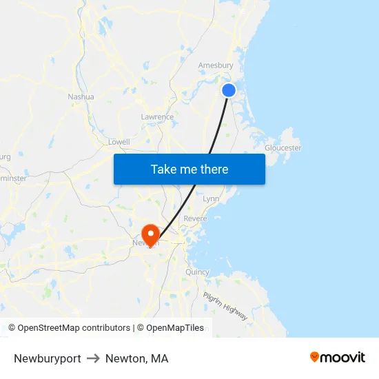 Newburyport to Newton, MA map