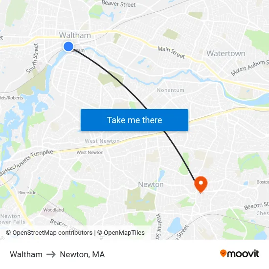 Waltham to Newton, MA map