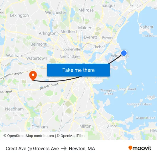 Crest Ave @ Grovers Ave to Newton, MA map